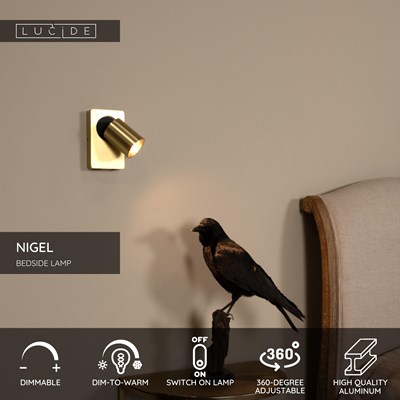 Lucide NIGEL - Bedside lamp / Wall light - LED Dim to warm - GU10 - 1x5W 2200K/3000K - With USB charging point - Matt Gold / Brass